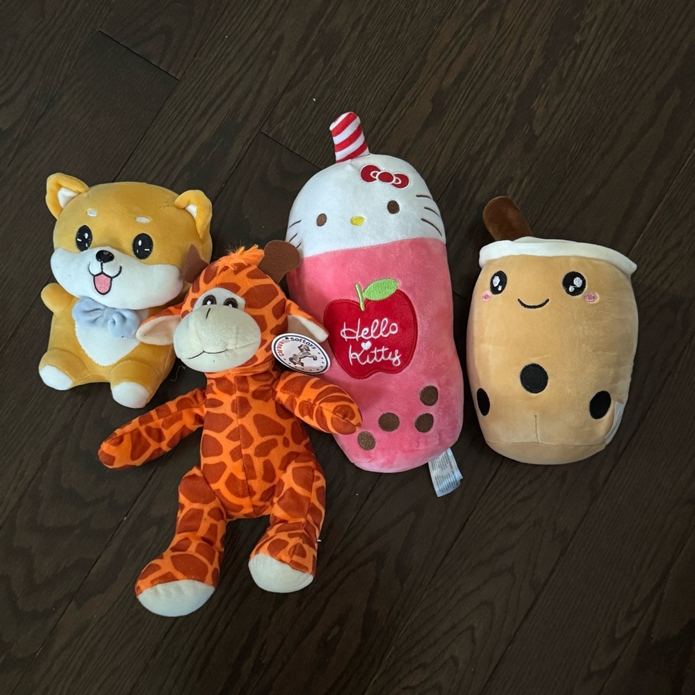 Set of 4 Toy Plushies (Shiba Inu, Hello Kitty, Bubble Tea, Monkey)